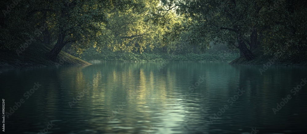 Fototapeta premium Serene river reflecting lush green trees, misty morning atmosphere.
