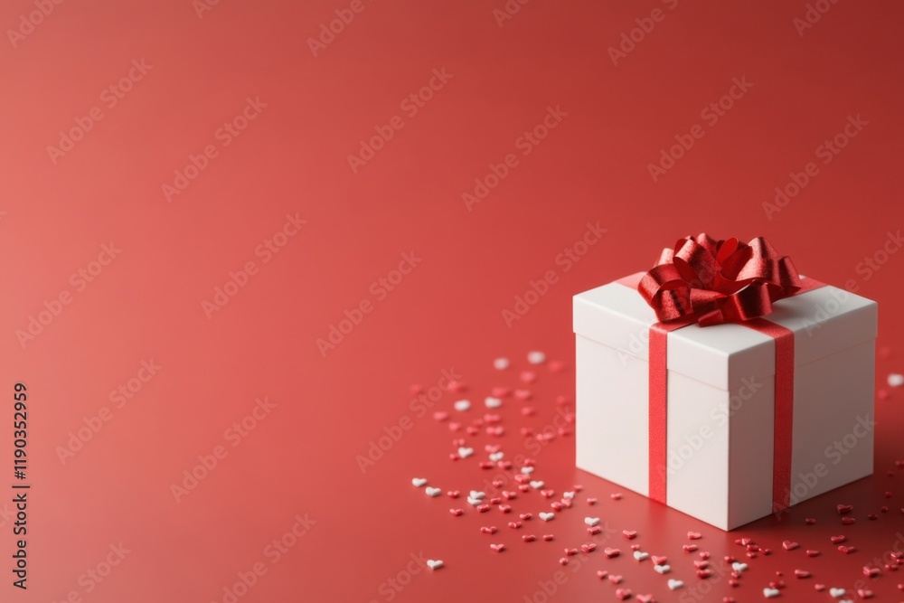 Obraz premium White gift box with red ribbon and heart confetti on red background