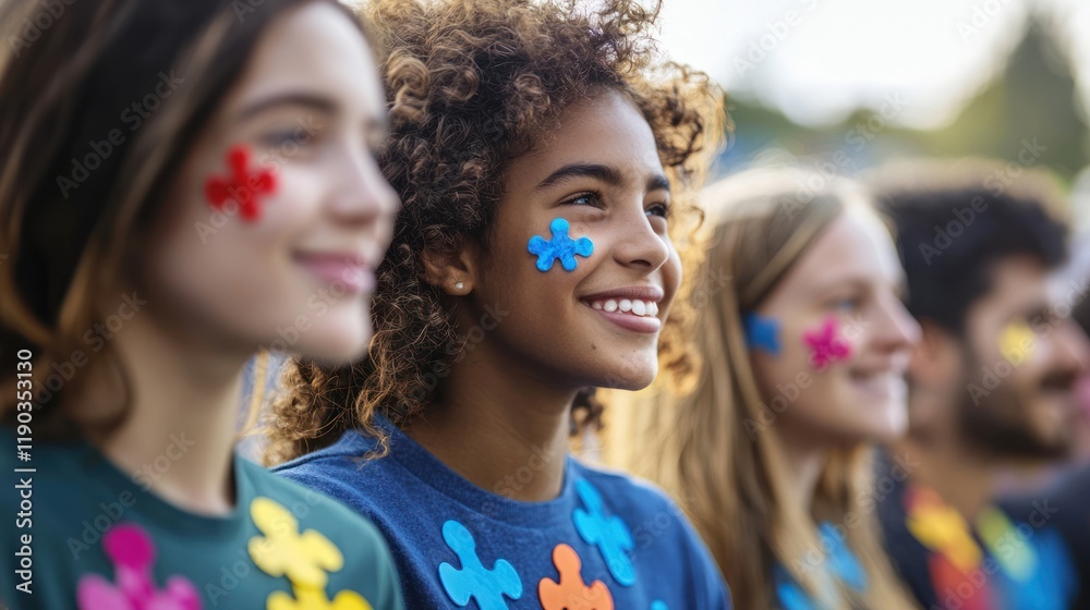 Obraz premium A group of diverse people wearing autism awareness pins at a community event.