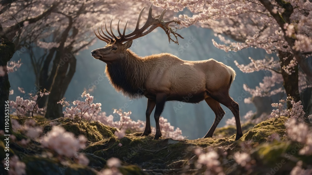 Fototapeta premium A majestic elk stands among blooming cherry blossoms in a serene forest setting.