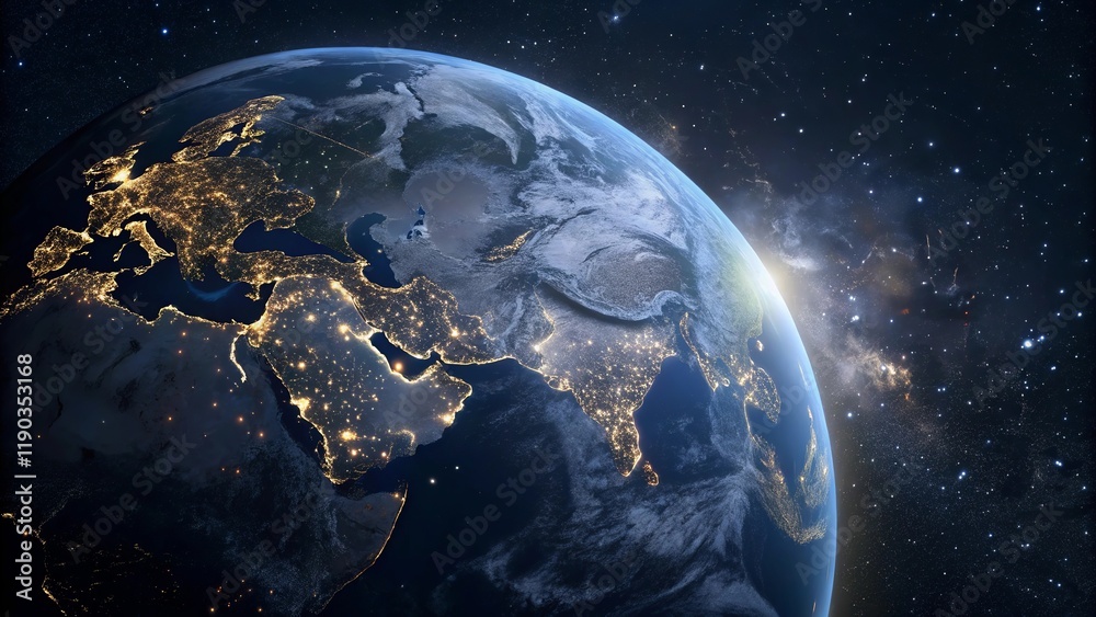 Fototapeta premium Nightly view of planet Earth from outer space showing glowing city lights and civilization