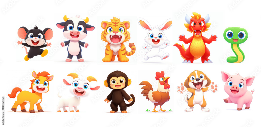 Obraz premium Cheerful cartoon animals from the Chinese zodiac come to life, showcasing unique charm and personality in vibrant, playful designs. Created using generative AI.