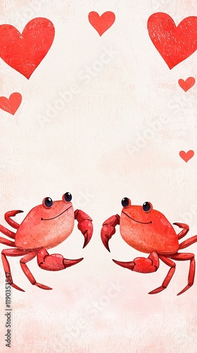 Two cute crabs face each other surrounded by red hearts, conveying a playful and romantic theme in a whimsical illustration. Valentine photo