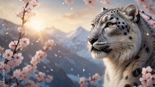 A serene snow leopard gazes over a mountainous landscape adorned with cherry blossoms at sunset. photo