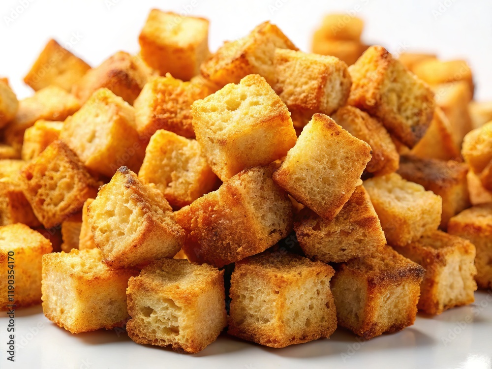 Crispy Crouton Cubes: Pile of Golden Brown Toasted Bread Pieces Isolated on Transparent Background - Perfect for Food Photography Crispy Crouton Cubes: Pile of Golden Brown Toasted Bread Pieces Isolated on Transparent Background - Perfect for Food Photography
