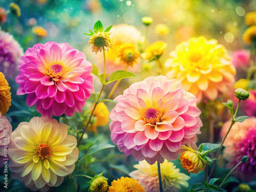 Fototapeta premium Double Exposure: Pink & Yellow Garden Flowers, Dreamy Floral Art