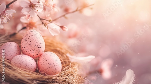 Decorating Easter eggs in a joyful spring setting filled with colors and charm. Easter social media template.  photo