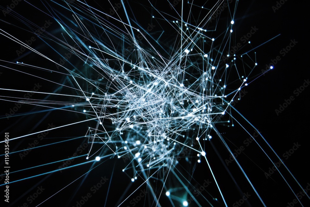 Fototapeta premium Abstract glowing lines and nodes forming a complex network structure on black background.