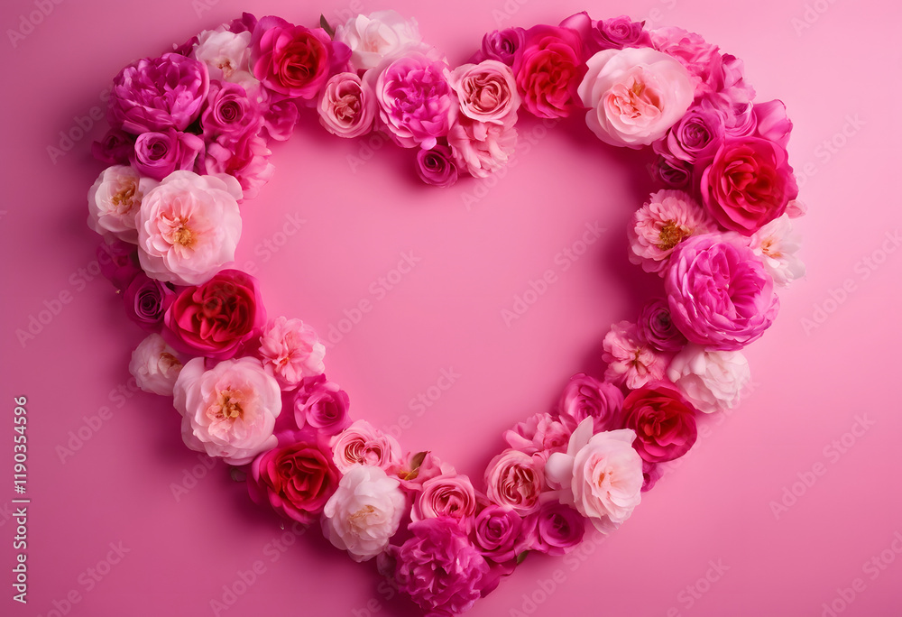 A heart-shaped arrangement of various pink and red flowers on a pink background. The flowers include roses and peonies, creating a romantic and vibrant display. A heart-shaped arrangement of various pink and red flowers on a pink background. The flowers include roses and peonies, creating a romantic and vibrant display.