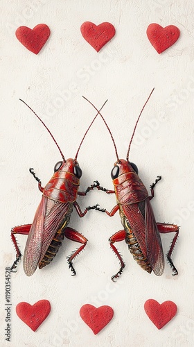 Two red cockroaches are positioned playfully against a background of hearts, creating a whimsical and quirky image. Valentine