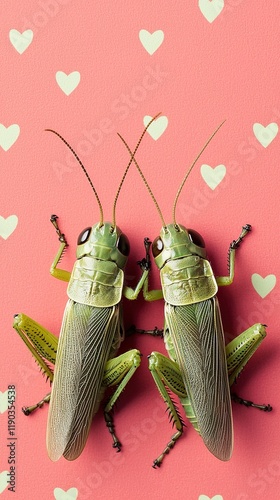 Two green grasshoppers are positioned closely on a pink background adorned with white hearts, showcasing a playful and romantic theme. Valentine photo