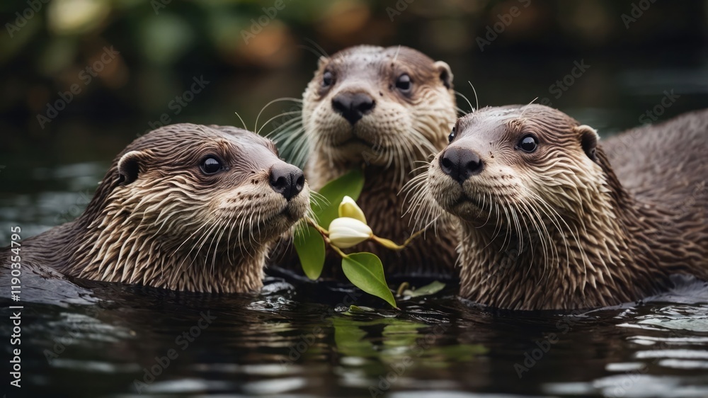 Three otters playfully interacting in water, surrounded by plants. Three otters playfully interacting in water, surrounded by plants.