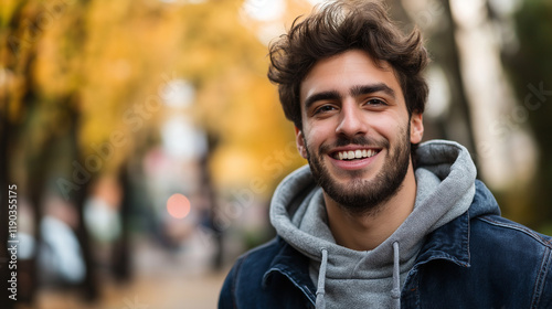 Happy young man in casual winter wear outdoors. Ideal for urban lifestyle, authentic moments, and natural joy.