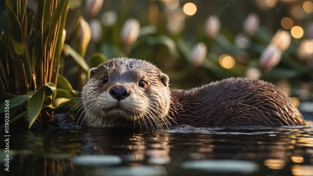 An otter swimming in a serene pond surrounded by plants and soft lighting. An otter swimming in a serene pond surrounded by plants and soft lighting.