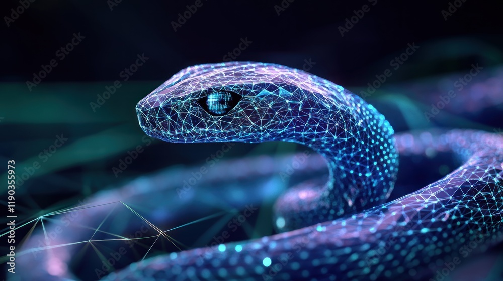Fototapeta premium Abstract polygonal blue snake with glowing points.