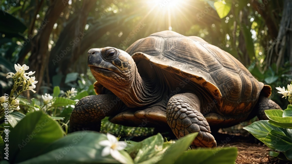 Fototapeta premium A turtle resting among lush greenery with sunlight filtering through the leaves.