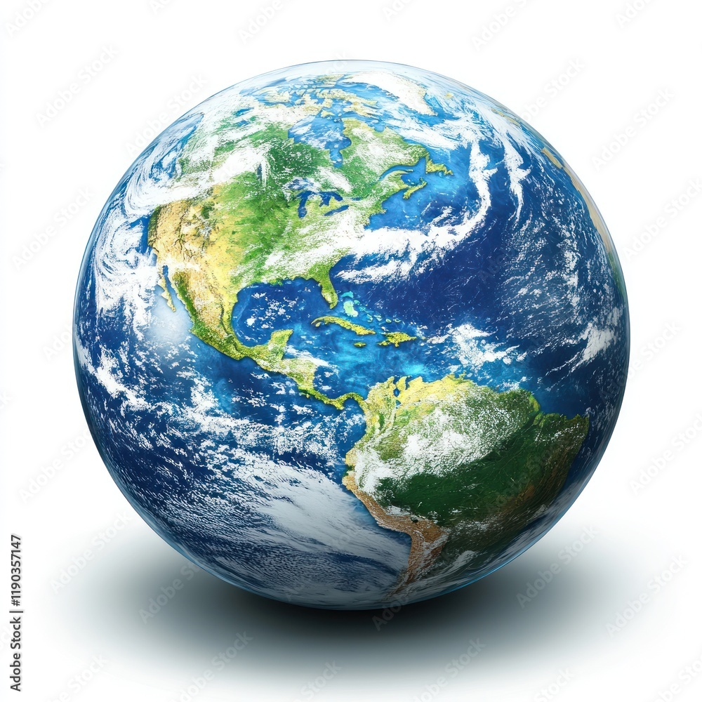 Obraz premium Detailed Earth globe, continents, oceans, clouds, atmosphere, isolated on white background.