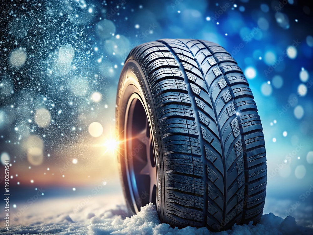 Naklejka premium 3D Concept Winter Tires: Close-up Studio Shot of a Single Tire with Snowflakes