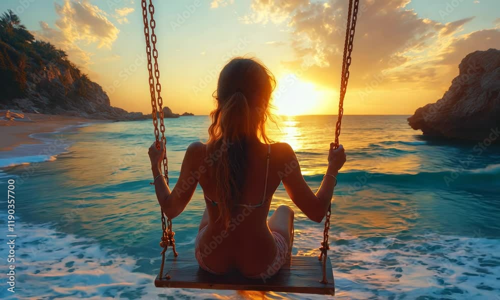 Happy young woman on wooden swing in water, beautiful blue sea with waves, sandy beach, golden sky at sunset. Summer holiday in Oludeniz, Turkey. Girl ride on a swing on sea coast, clear water.