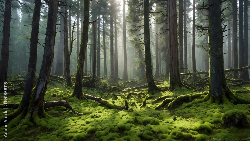 Obraz premium Sunlit Serenity: Juniper Forest with Mist and Lush Green Moss