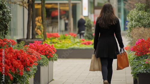 Anonymous woman shopping in autumn urban setting. Ideal for retail lifestyle, seasonal fashion, and city living.
