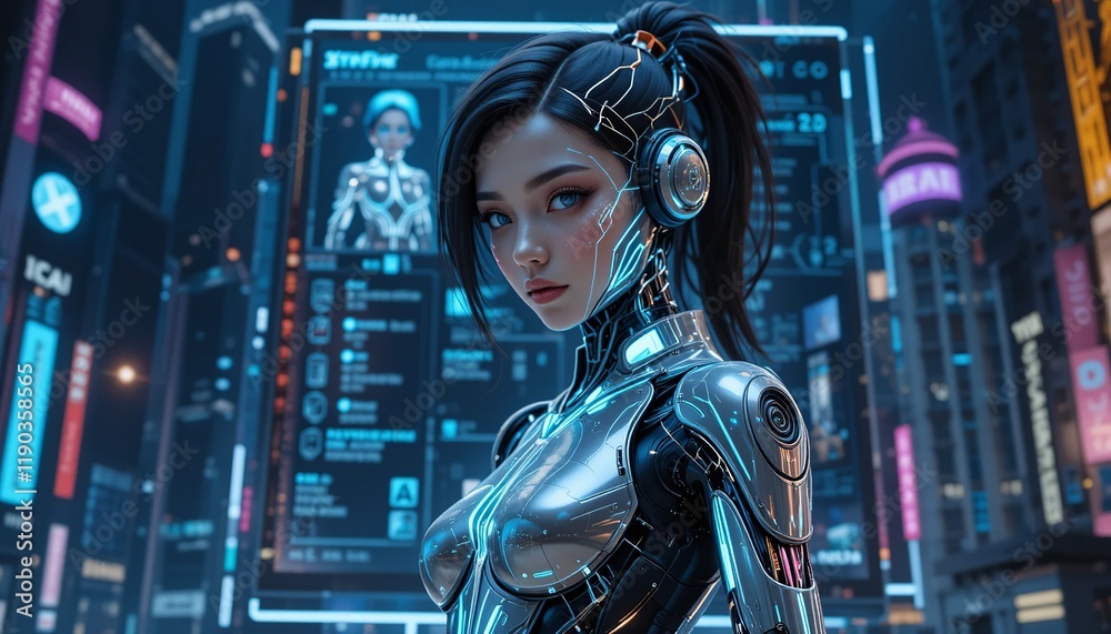 Cyberpunk Beauty: A stunning, otherworldly android with metallic skin and sleek lines gazes intensely from amidst a vibrant cityscape. Cyberpunk Beauty: A stunning, otherworldly android with metallic skin and sleek lines gazes intensely from amidst a vibrant cityscape.