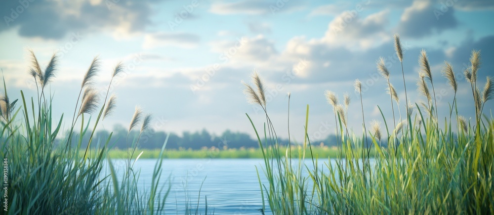 Obraz premium Serene lake view with tall grass and cloudy sky.
