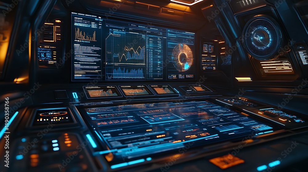 Obraz premium Futuristic Spaceship Control Panel With Data Displays