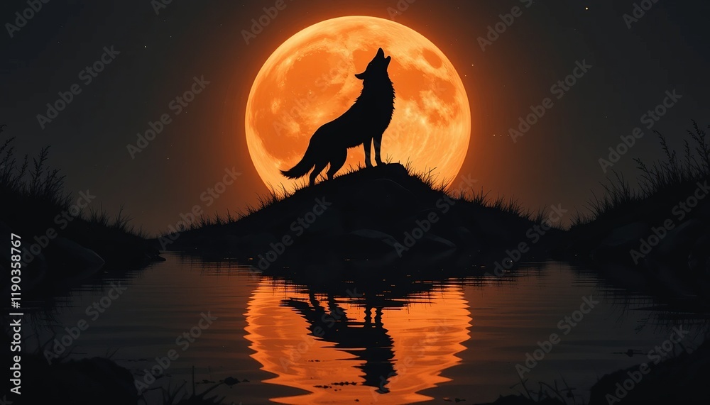 Fototapeta premium Wolf Howling at the Blood Moon: An evocative silhouette of a lone wolf howling at the blood moon, casting a dramatic shadow on the tranquil waters below. Its haunting cry echoes across the night.