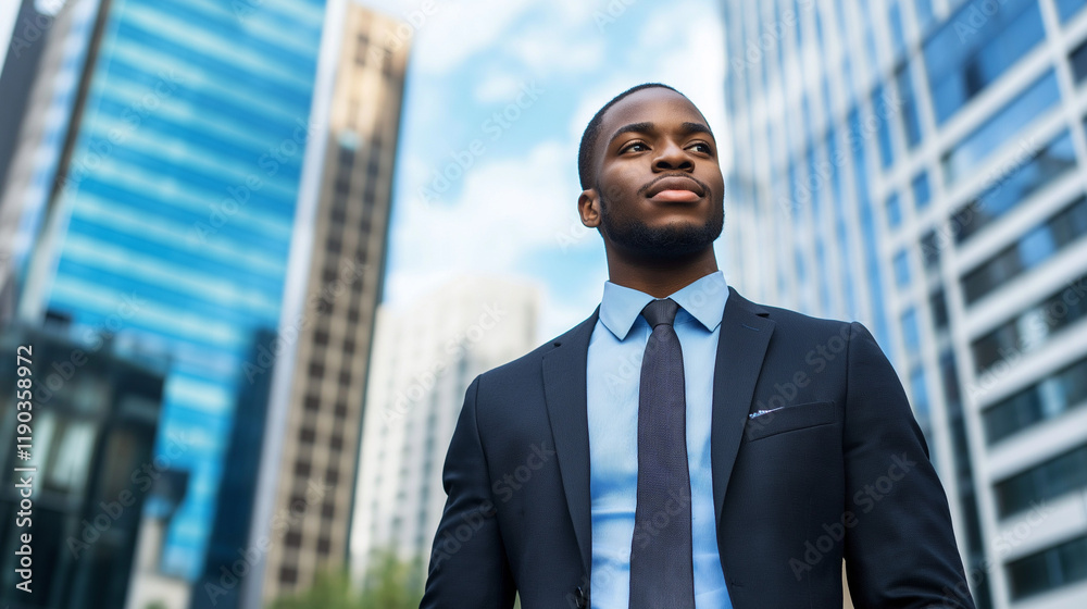 Confident African American executive against urban skyline. Ideal for corporate leadership, financial services, or professional success stories. Confident African American executive against urban skyline. Ideal for corporate leadership, financial services, or professional success stories.