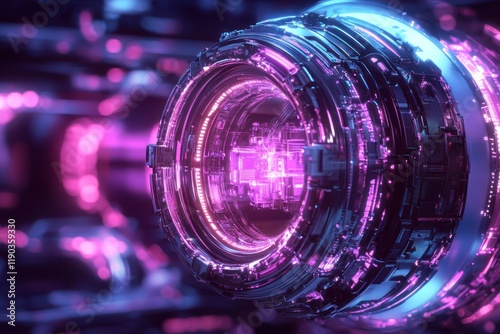 Futuristic glowing purple and blue metallic sphere with intricate details.
