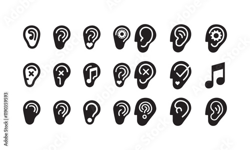 Hearing and Sound Silhouette Icons - Ears, Music Notes, and Hearing Aids