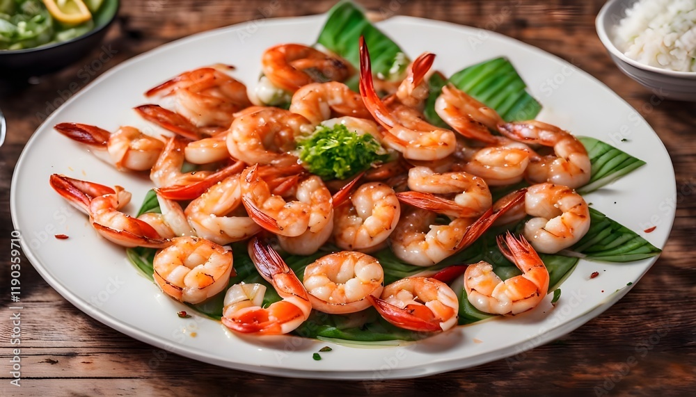 Stir fried prawns with chilli garlic and salt in white plate on wooden table. Thai seafood.
Stir fried prawns with chilli garlic and salt in white plate on wooden table. Thai seafood.