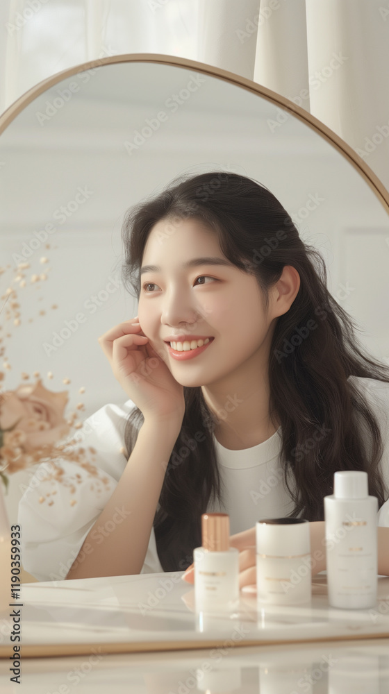 A woman with a gentle smile engages with her skincare routine, surrounded by elegant beauty products in a bright, airy space