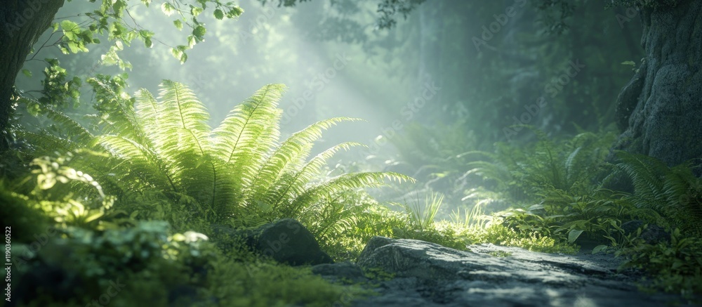Sunlit path through lush green forest with ferns and mossy rocks. Sunlit path through lush green forest with ferns and mossy rocks.