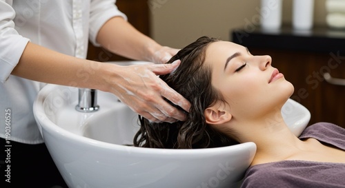 Hands, massage and hairdresser with client in spa, relax and basin for wash and treatment. Soap, salon and hairstyle or cleaning for happy customer person, keratin or scalp shampoo for hair care
