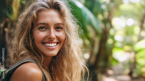 European woman with natural smile in tropical setting. Perfect for wellness lifestyle, natural beauty, or authentic joy content.