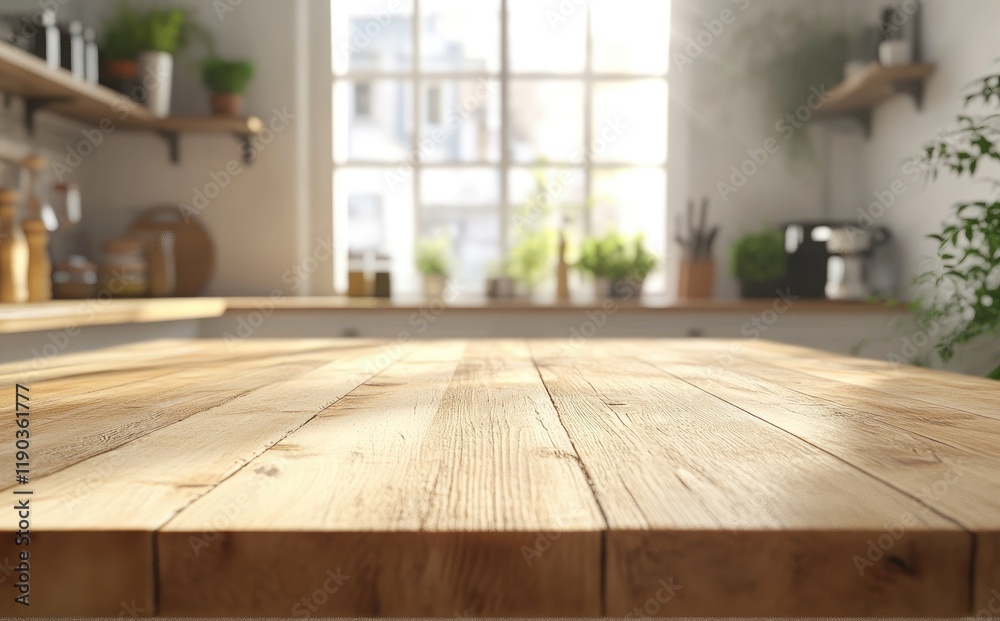 Empty wooden table top with a blurred kitchen background for product display