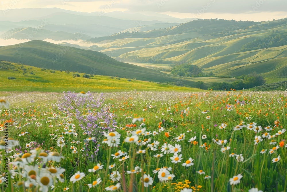 Fototapeta premium A picturesque scene of rolling hills and a vast field of wildflowers in bloom, bathed in the soft light of sunrise, A serene countryside landscape with rolling hills and blooming wildflowers