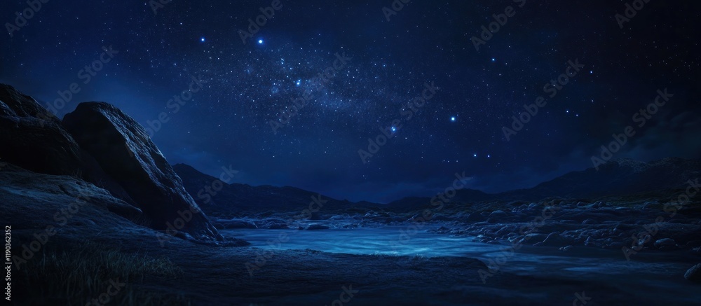 Naklejka premium Serene night landscape with starry sky over tranquil water and rocky shoreline.