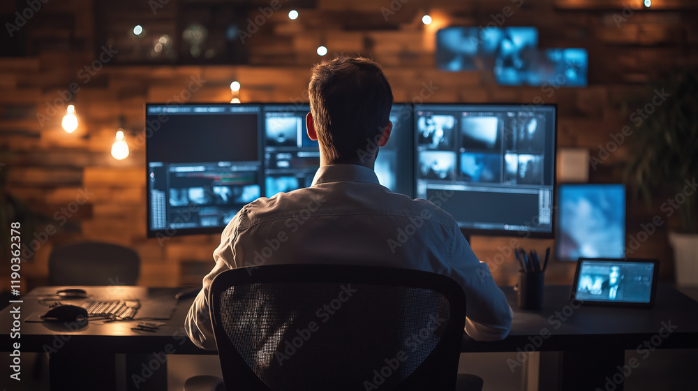 Security professional monitoring multiple screens. Ideal for cybersecurity, surveillance operations, or tech monitoring content. Security professional monitoring multiple screens. Ideal for cybersecurity, surveillance operations, or tech monitoring content.
