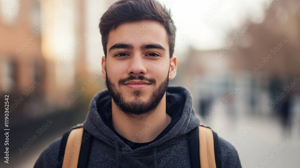 Mediterranean student in urban casual style. Ideal for education lifestyle, urban youth, or authentic millennial content. Mediterranean student in urban casual style. Ideal for education lifestyle, urban youth, or authentic millennial content.
