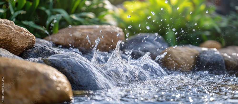 Close-up of cascading water splashing over smooth rocks in a garden. Close-up of cascading water splashing over smooth rocks in a garden.