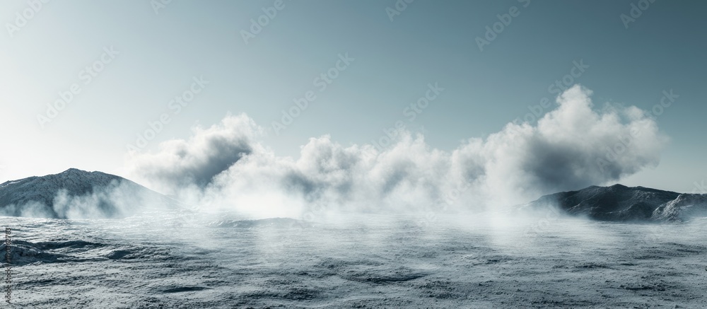 Misty, snowy landscape with mountains and clouds. Misty, snowy landscape with mountains and clouds.