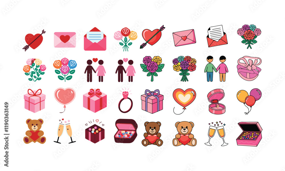 Naklejka premium Romantic Valentine's Day Illustrations - Hearts, Gifts, Roses, Balloons, and Teddy Bears