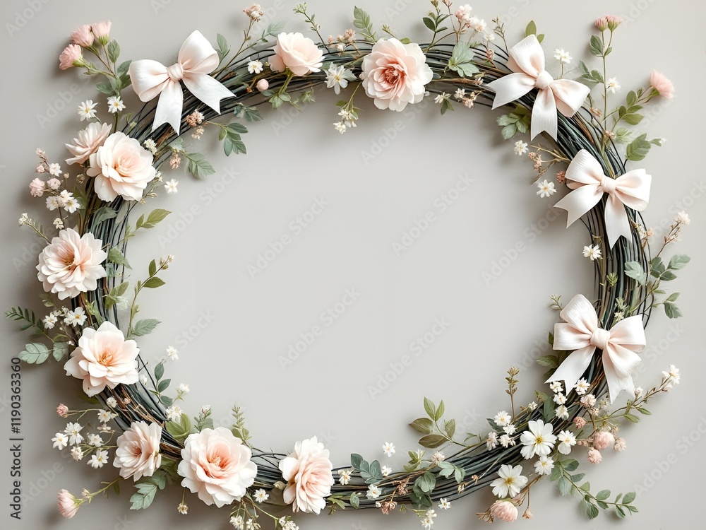A delicate frame adorned with small bows interwoven with flowers and greenery, perfect for spring or wedding themes A delicate frame adorned with small bows interwoven with flowers and greenery, perfect for spring or wedding themes