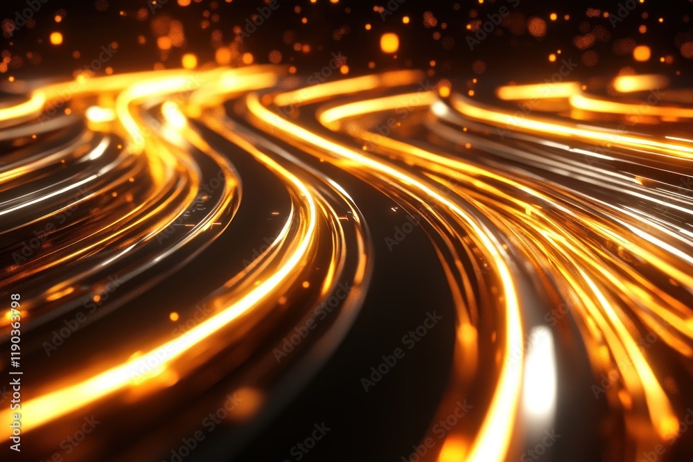 Abstract glowing golden lines flowing on dark background.