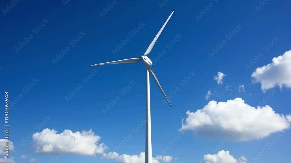 Tall wind turbine stands against bright blue sky with fluffy clouds, showcasing renewable energy, clean energy, and sustainability in harmony with nature and technology. Tall wind turbine stands against bright blue sky with fluffy clouds, showcasing renewable energy, clean energy, and sustainability in harmony with nature and technology.