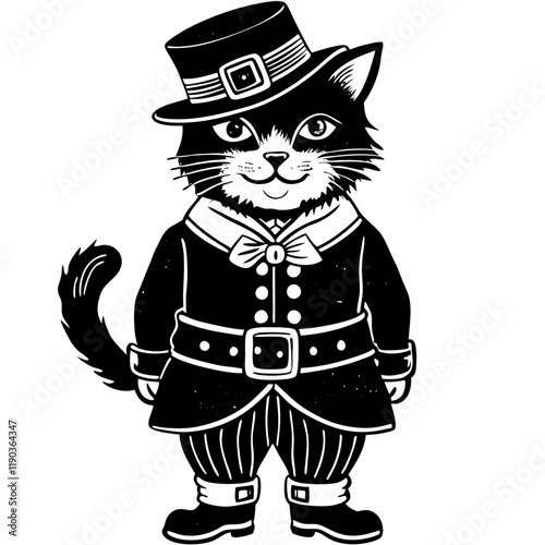 Dapper Cat in St. Patrick’s Day Outfit – Black and White Vector Illustration