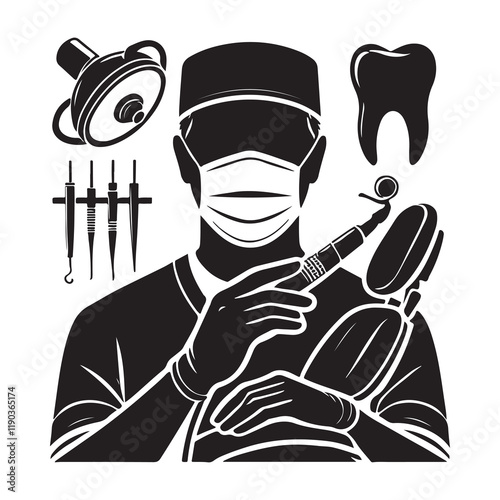 Dentist Silhouette Vector Illustration, Solid White Background.